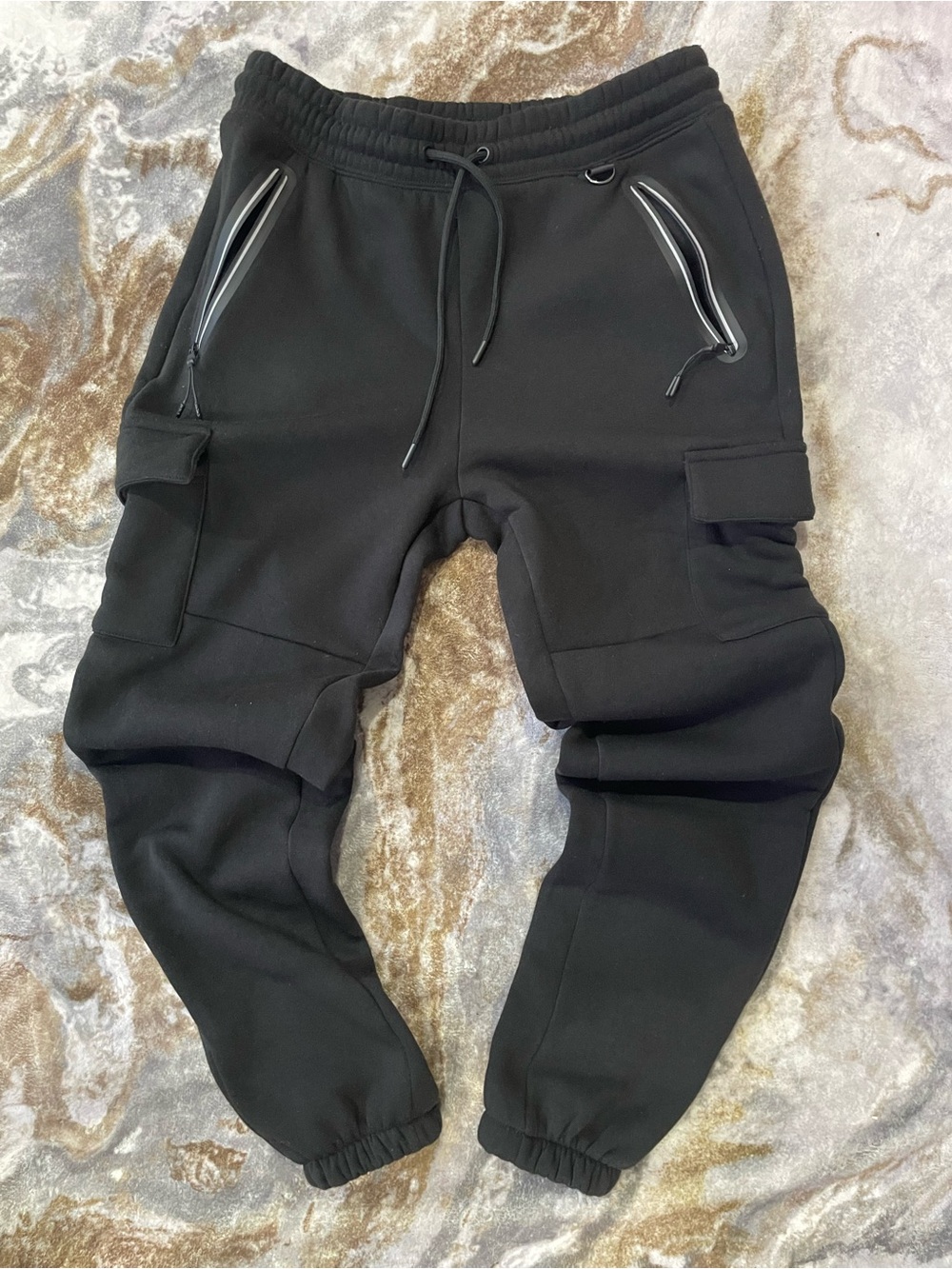 Men's Black Cargo Jogger Sweatpants with Zippered Pockets